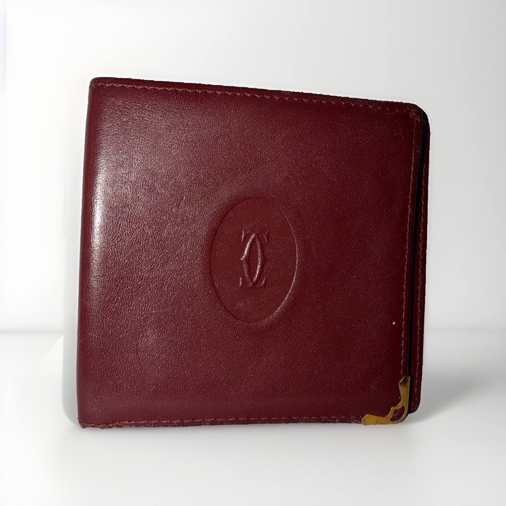 Cartier Bifold Wallet Pass Case Brown/Red Bordeaux Gold Hardware Men's